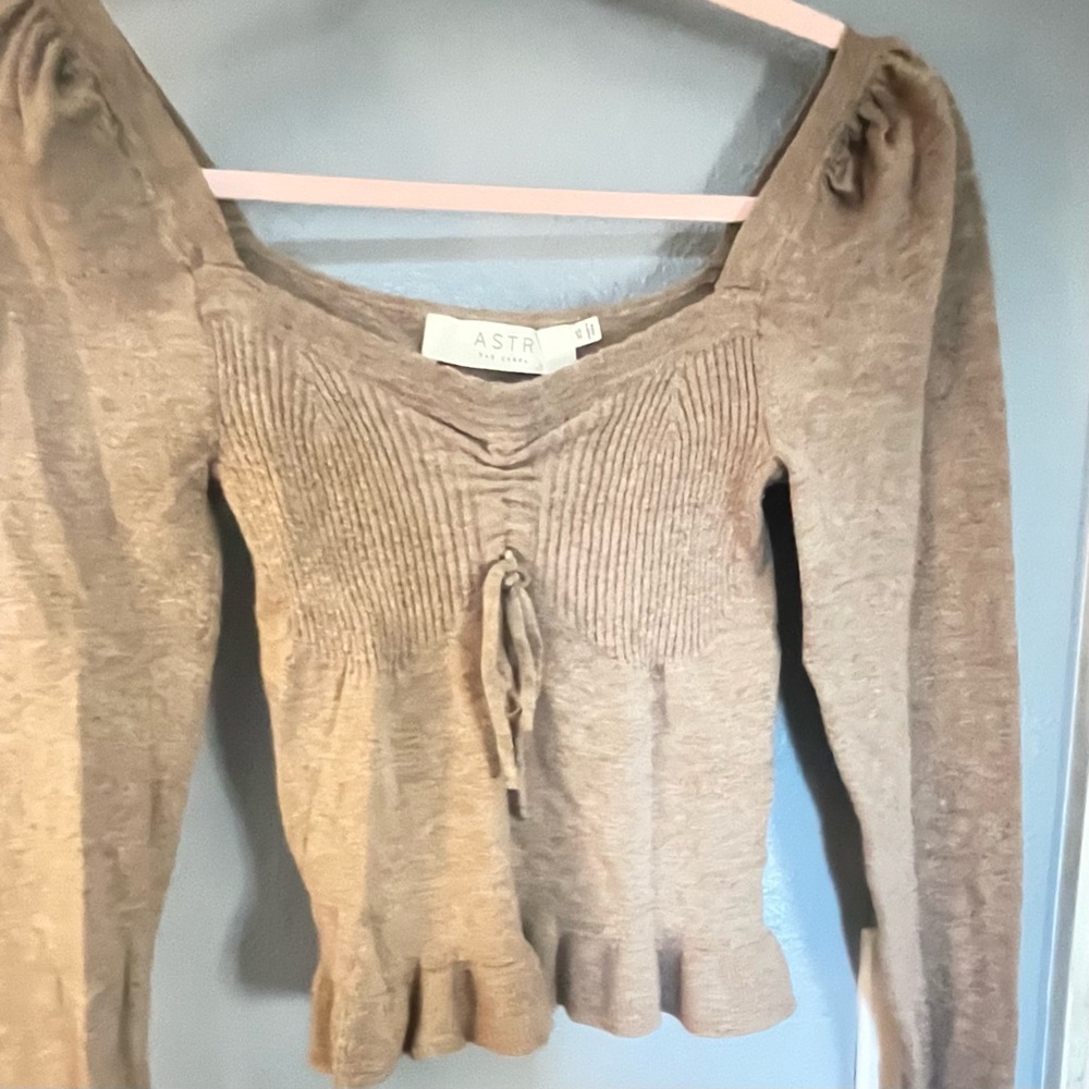 Astr Gray Ribbed Tie Front Blouse